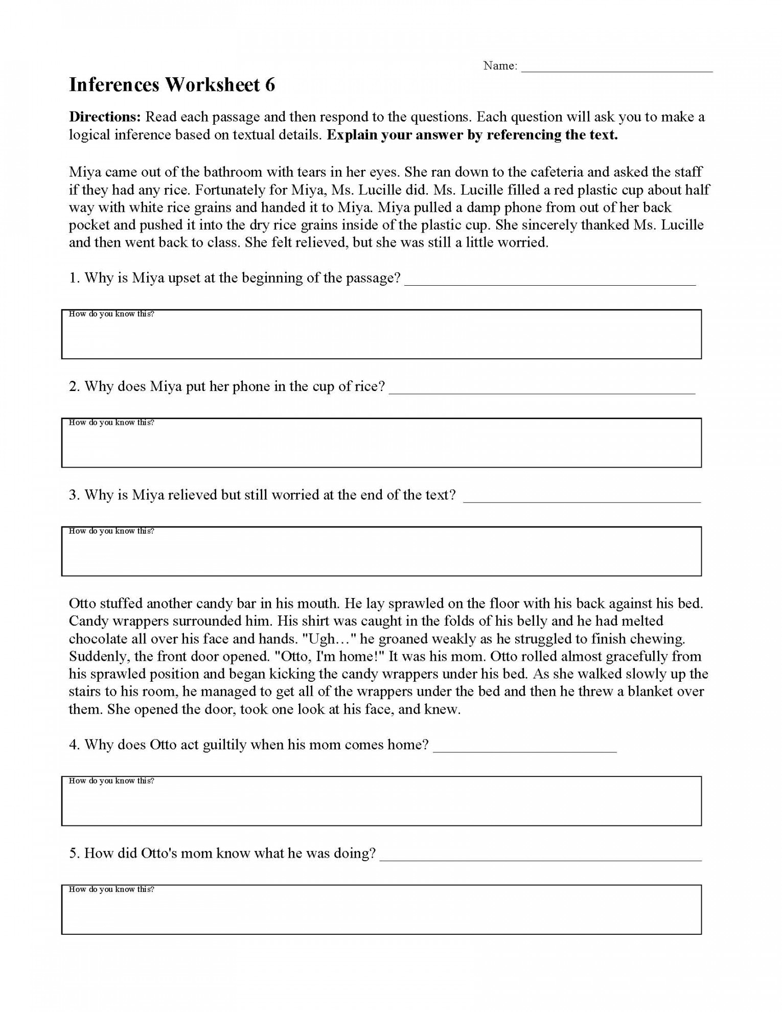 Inferences Worksheet   Reading Activity