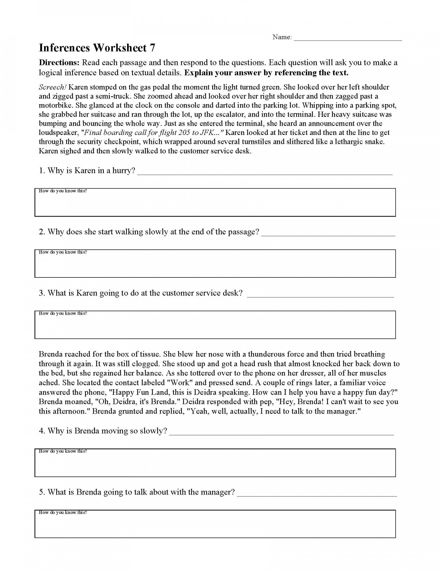 Inferences Worksheet   Reading Activity