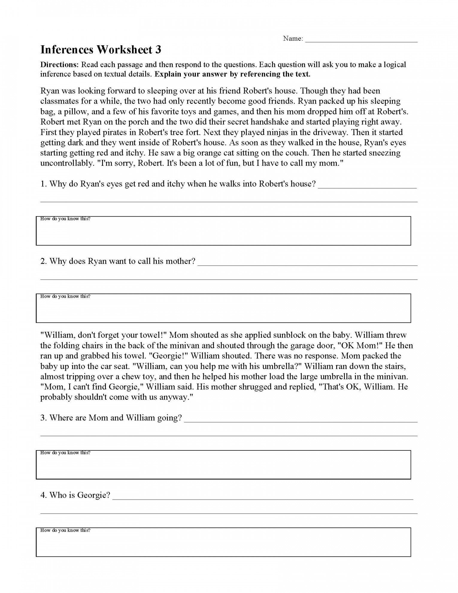 Inferences Worksheet   Reading Activity