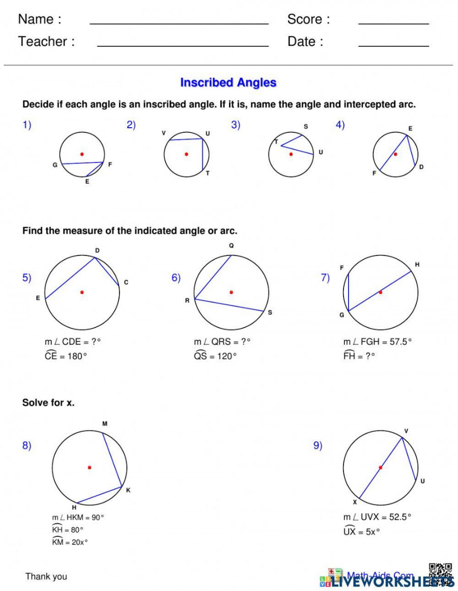 Inscribed Angle worksheet  Live Worksheets