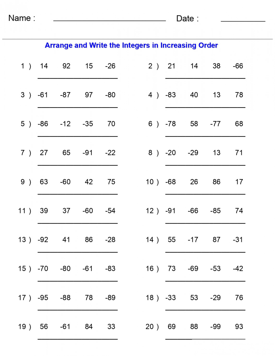 Integers Worksheets- Arranging Orders of Integers Worksheets