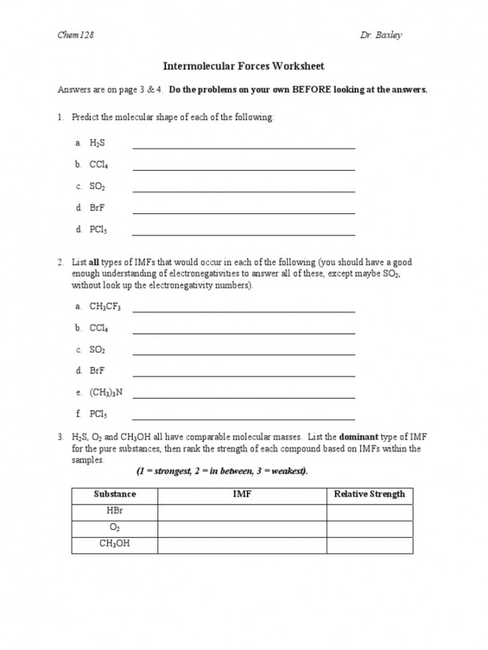 Intermolecular Forces Worksheet With Key  PDF  Chemical Polarity