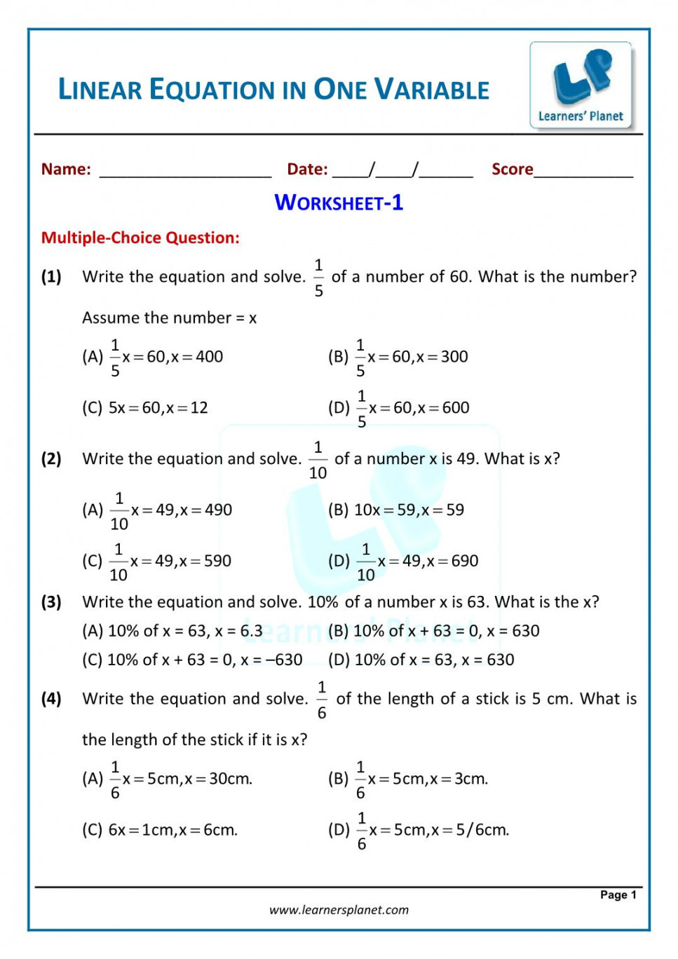 Linear equation in one variable worksheet for class