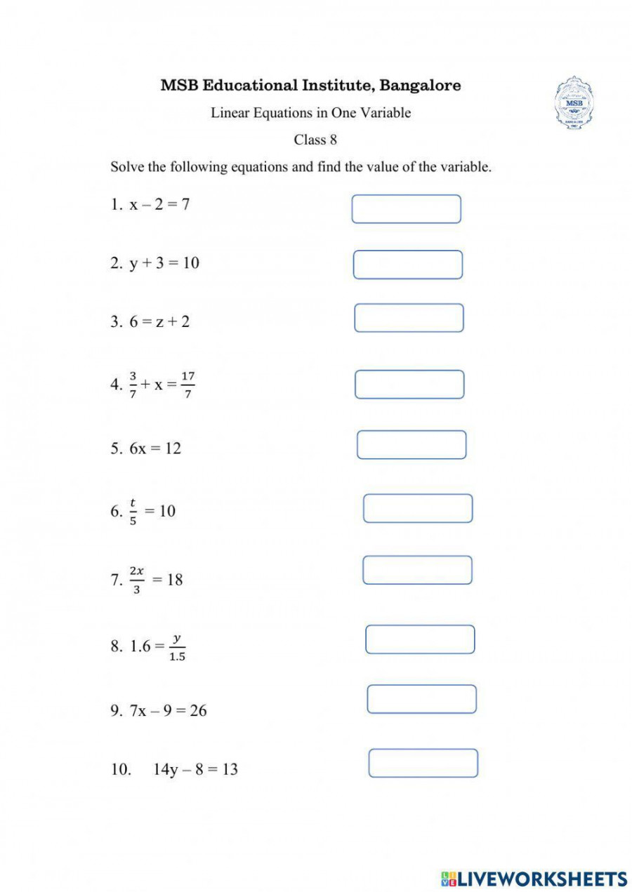 Linear Equations in One Variable online worksheet  Live Worksheets