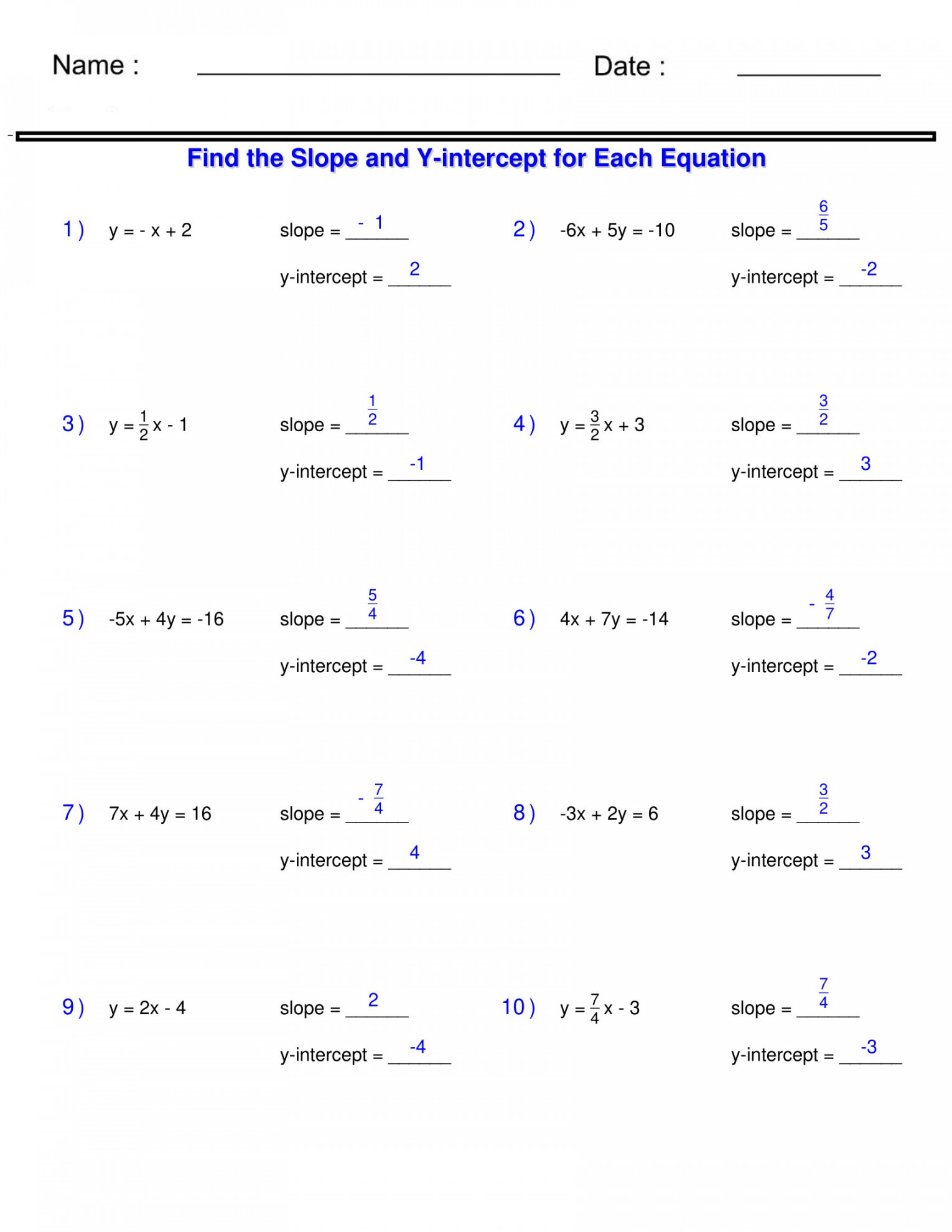 Linear Functions - Finding Slope and Y-intercept from an Equation Worksheets