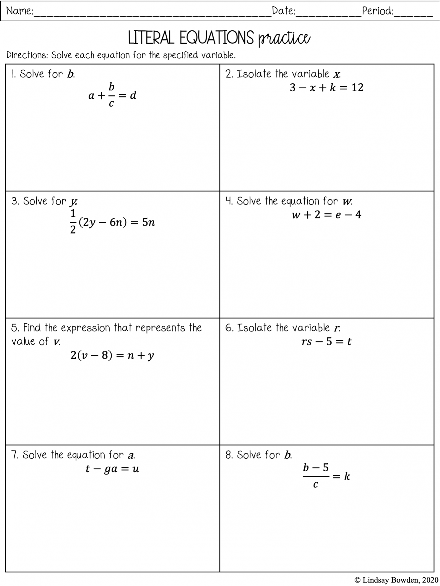 Literal Equations Notes and Worksheets - Lindsay Bowden