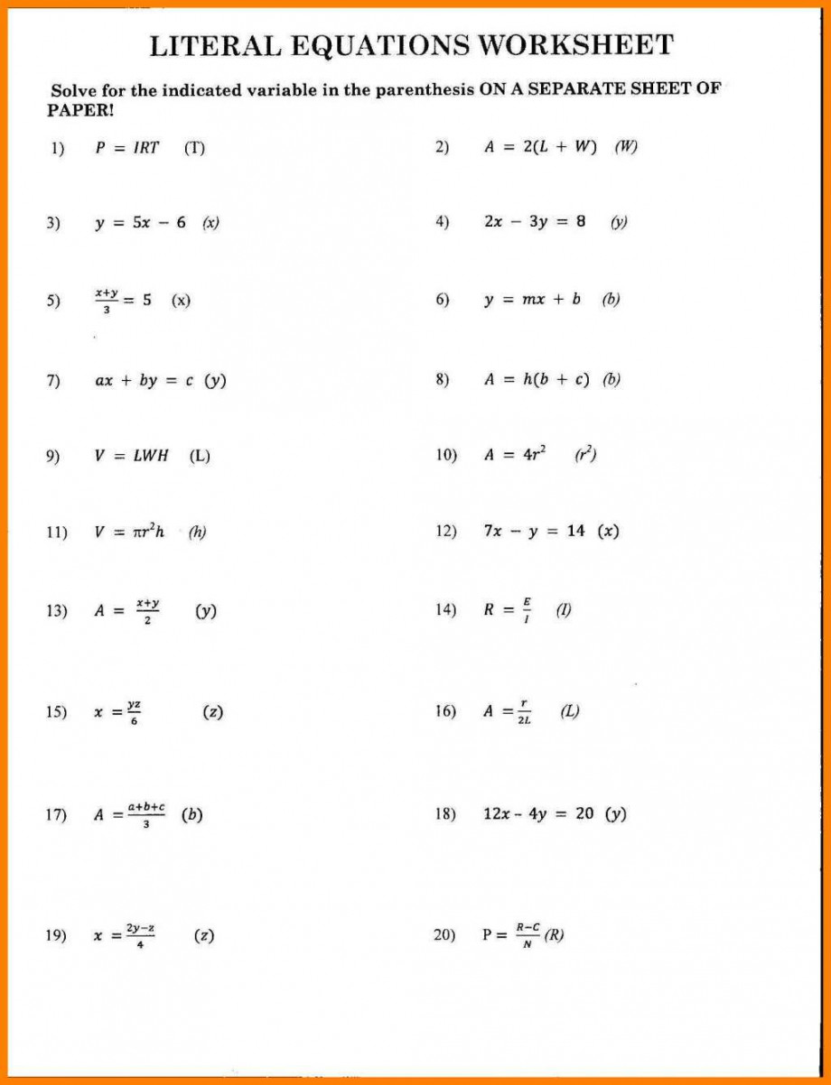 + Literal Equations Worksheet Answers With Work  Literal