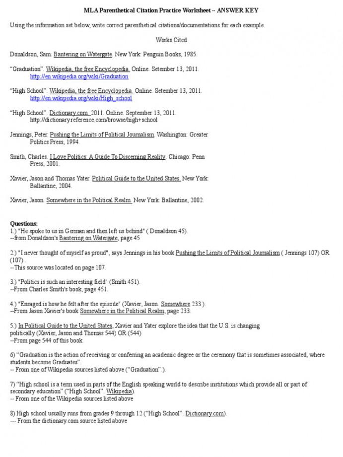 Mla Parenthetical Citation Practice Worksheet Answer Key  PDF