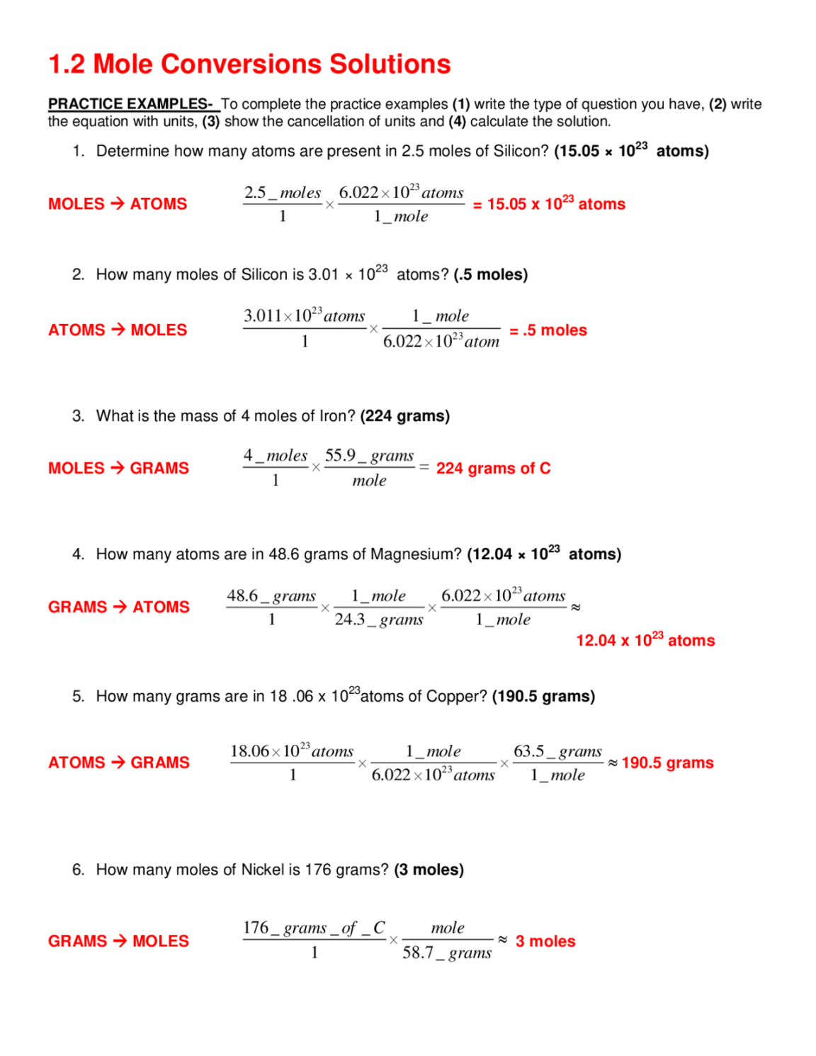 Mole Conversions Solutions Worksheet  Exercises Chemistry  Docsity