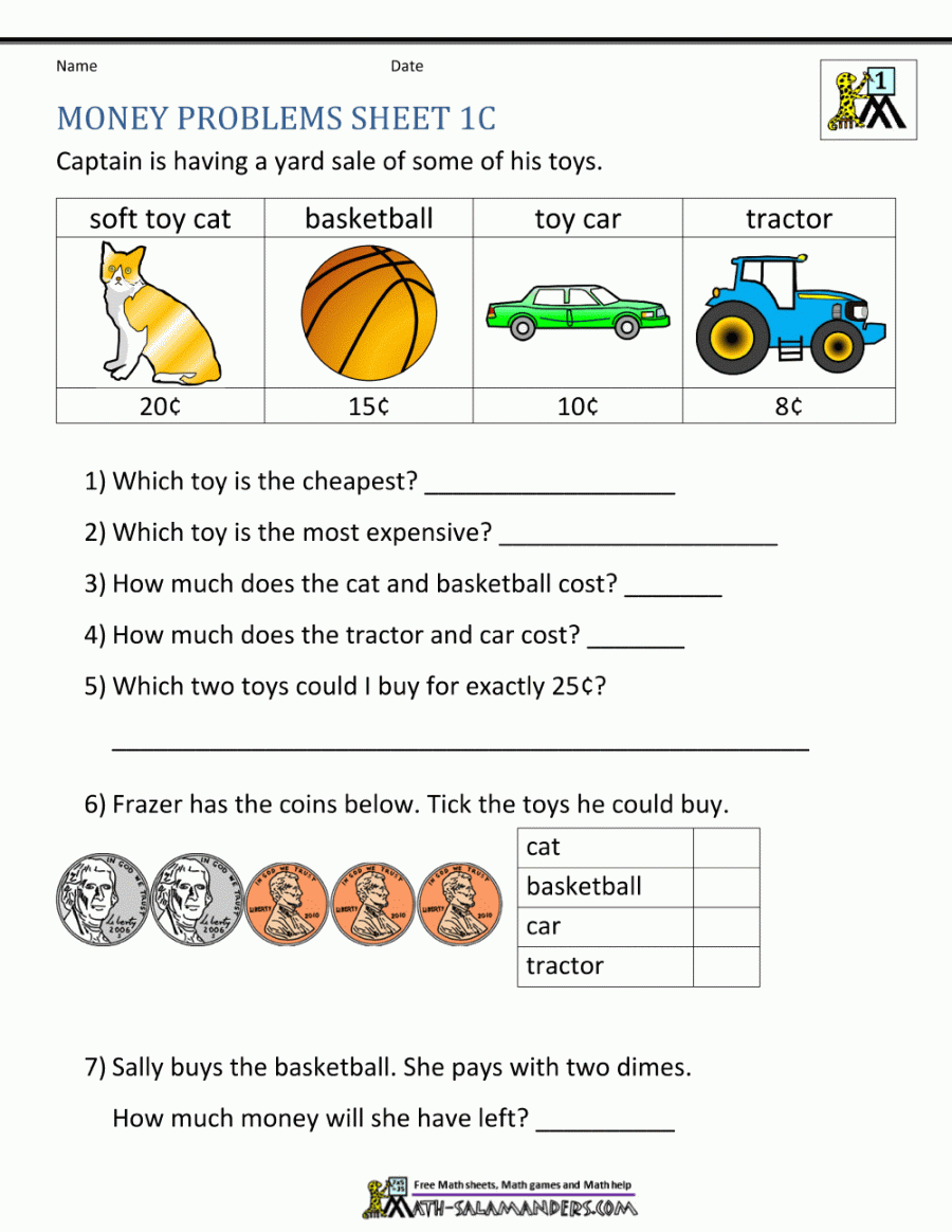 Money Worksheets for First Grade