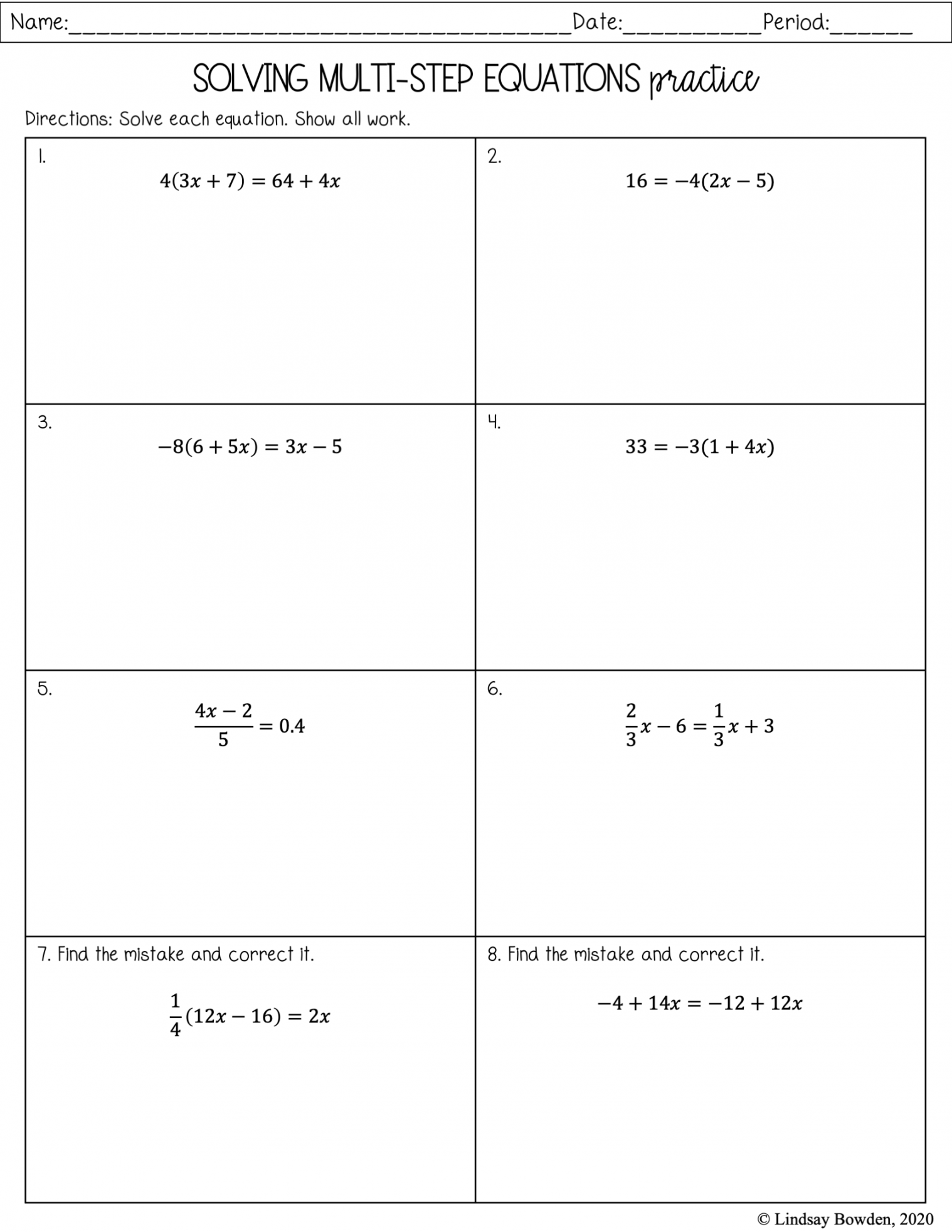 Multi-Step Equation Notes and Worksheets - Lindsay Bowden