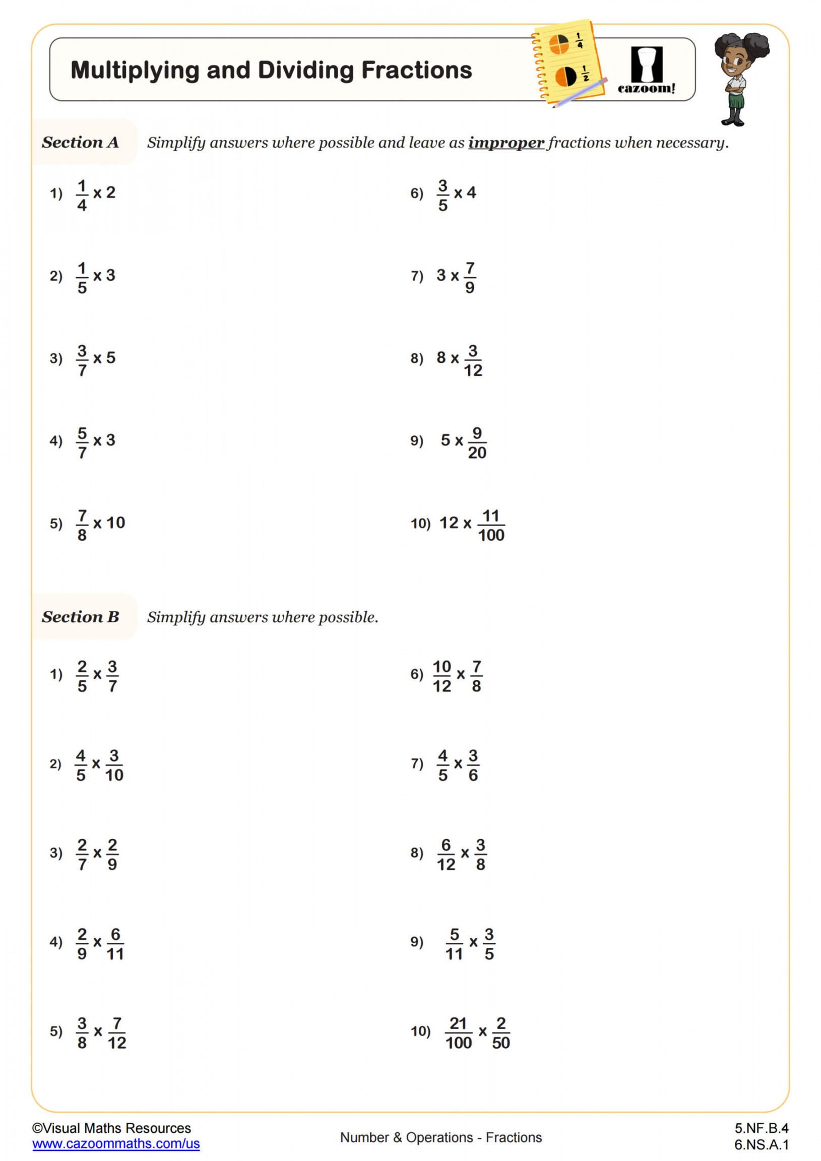 Multiplying and Dividing Fractions Worksheet  th Grade PDF