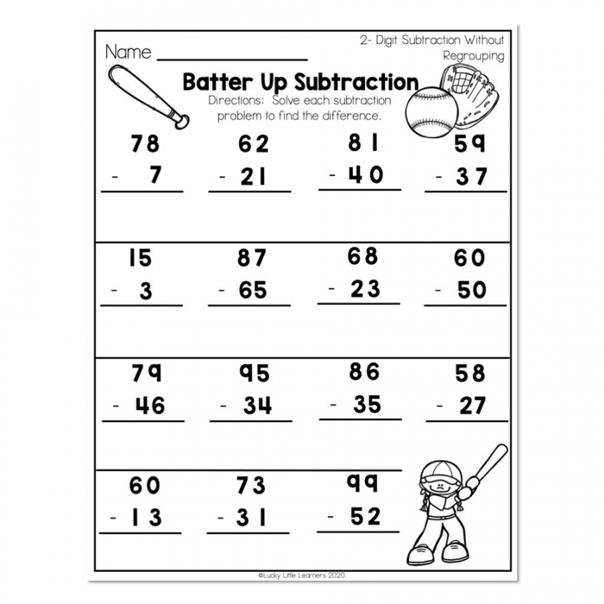 nd Grade Math Worksheets - Place Value - -Digit Subtraction Without  Regrouping- Batter Up Subtraction