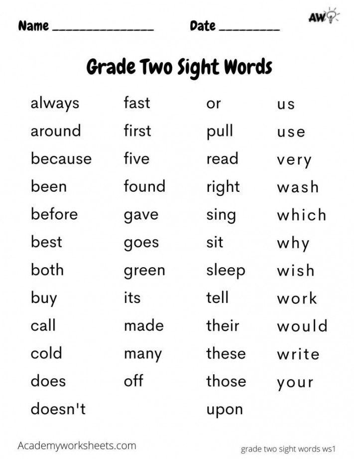 nd Grade Sight Words - dolch - Academy Worksheets