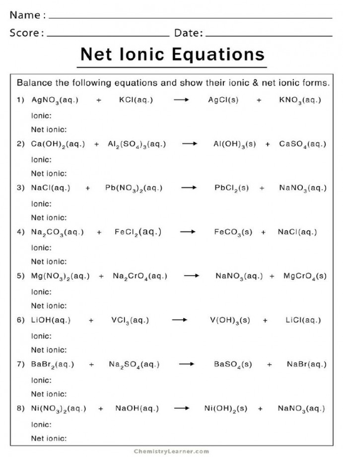 Net Ionic Equations Worksheet  PDF