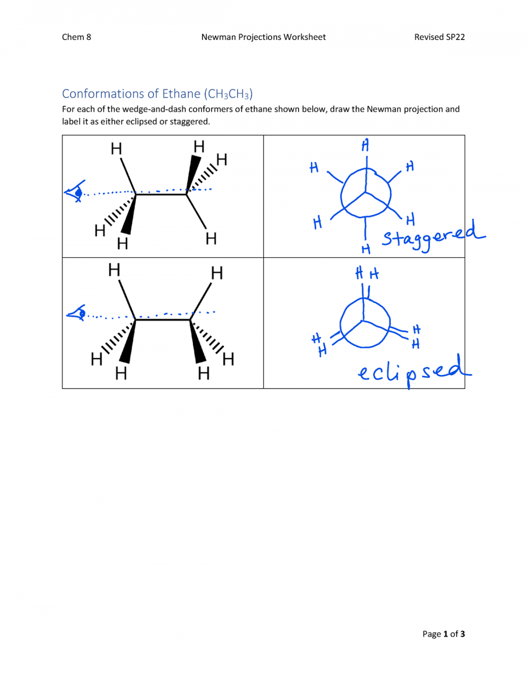 Newman Projections Worksheet - Solutions, pdf - CHEM B - Chem