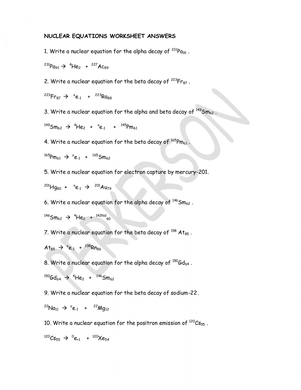 NUCLEAR EQUATIONS WORKSHEET ANSWERS - TypePad