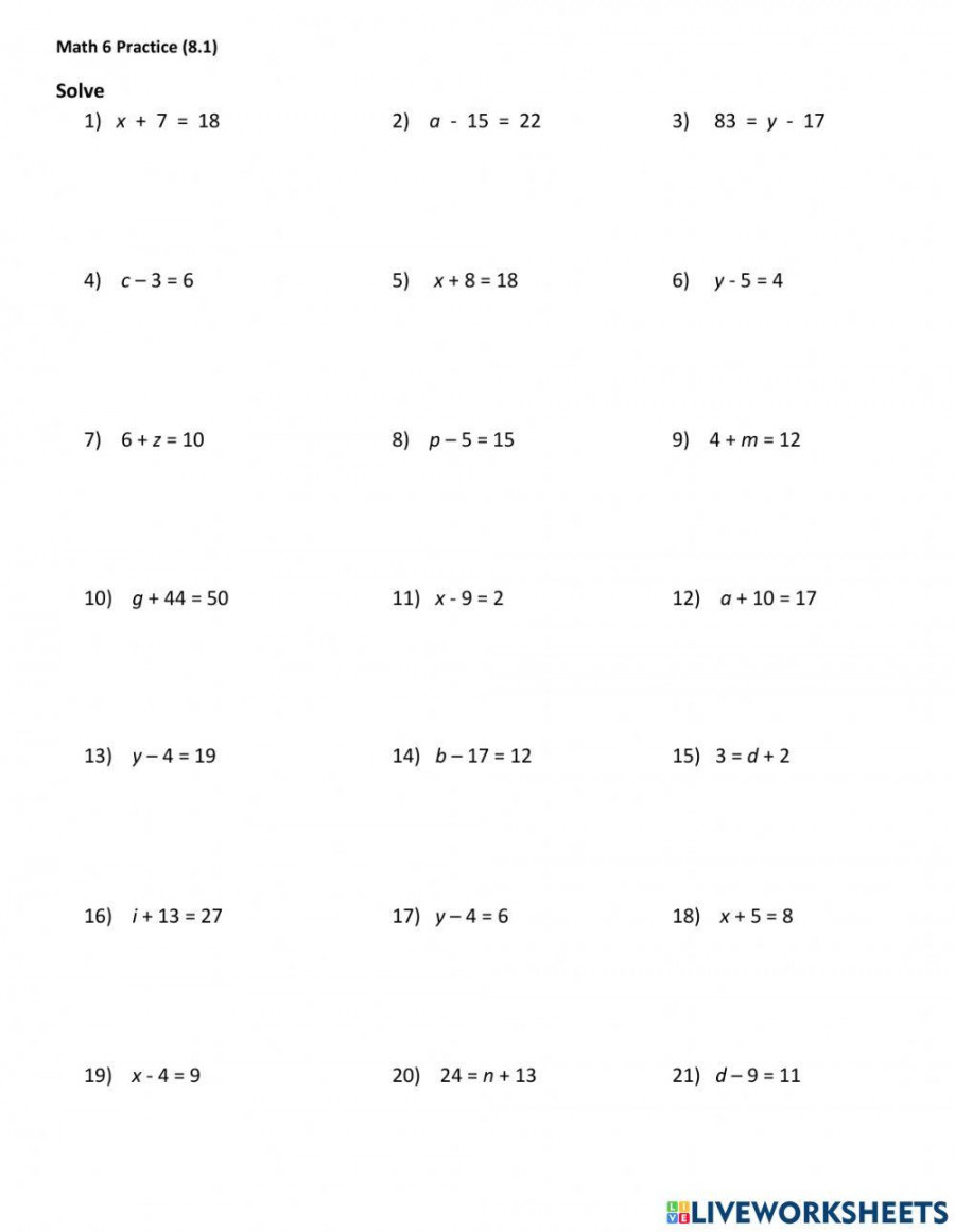One-step equations (addition and subtraction) worksheet  Live