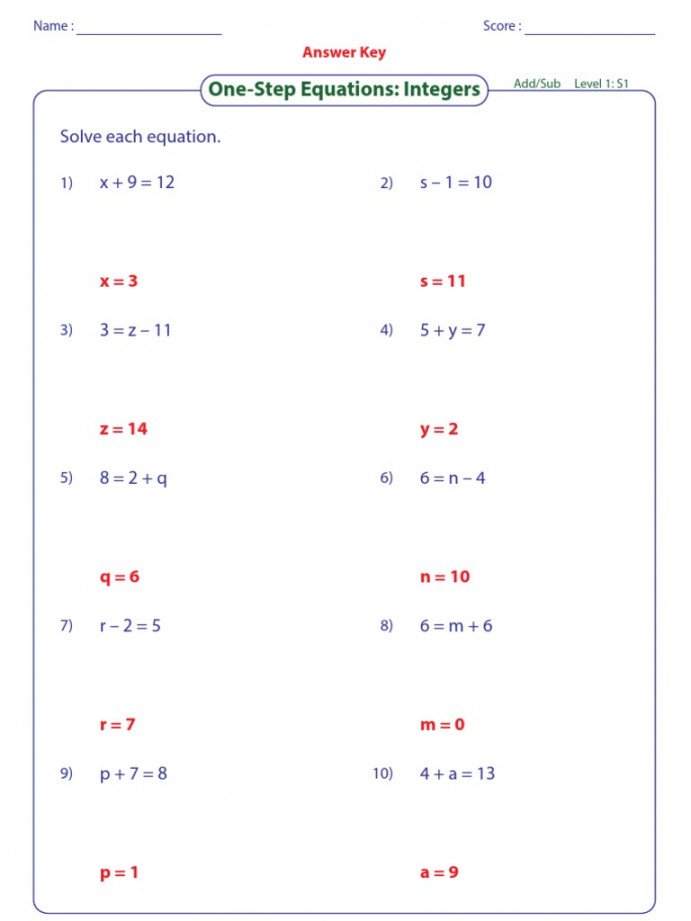 One-Step Equations: Integers: Solve Each Equation  PDF