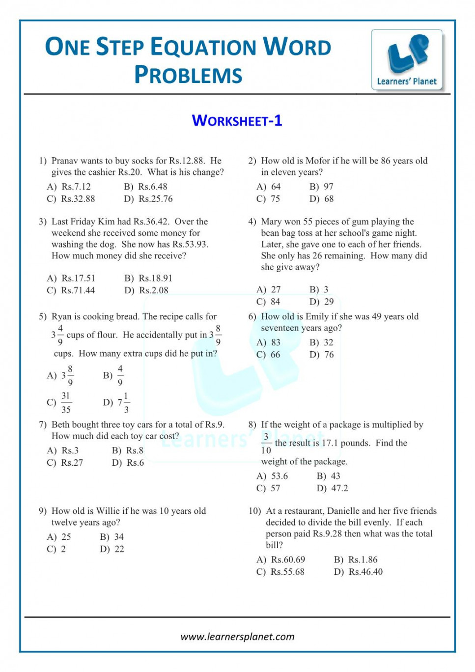 One step equations word problems worksheets grade