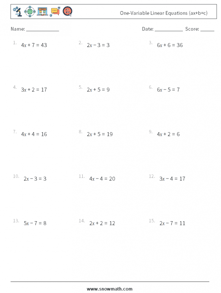 one-variable linear equations (ax+b=c) Math Worksheets, Math