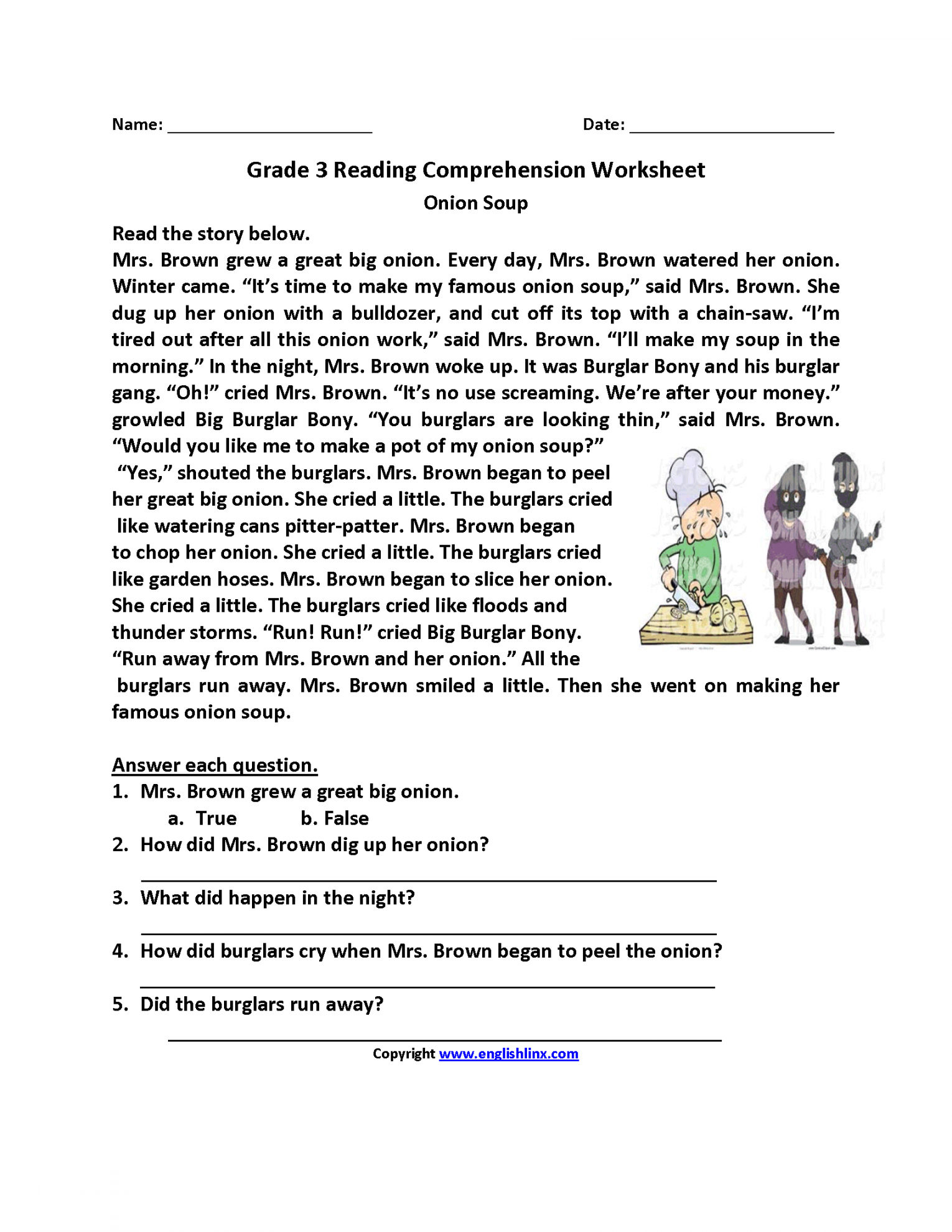 Onion Soup Third Grade Reading Worksheets  Third grade reading