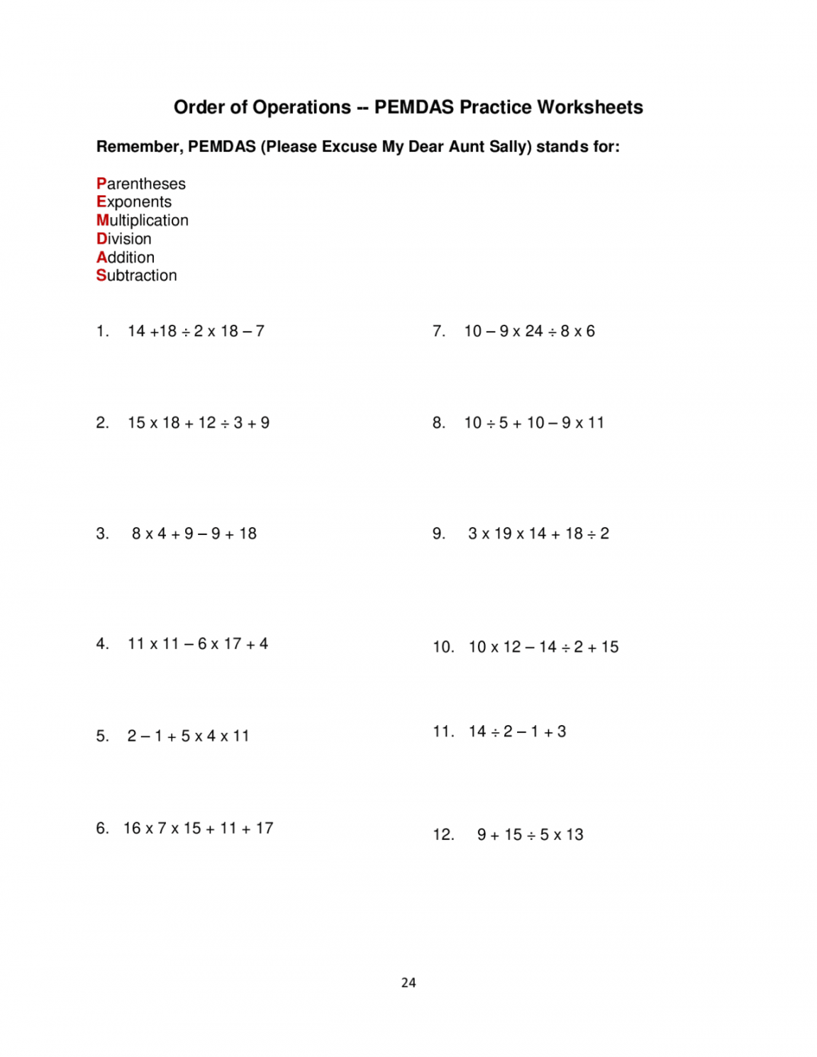 Order of Operations -- PEMDAS Practice Worksheets  Study Guides