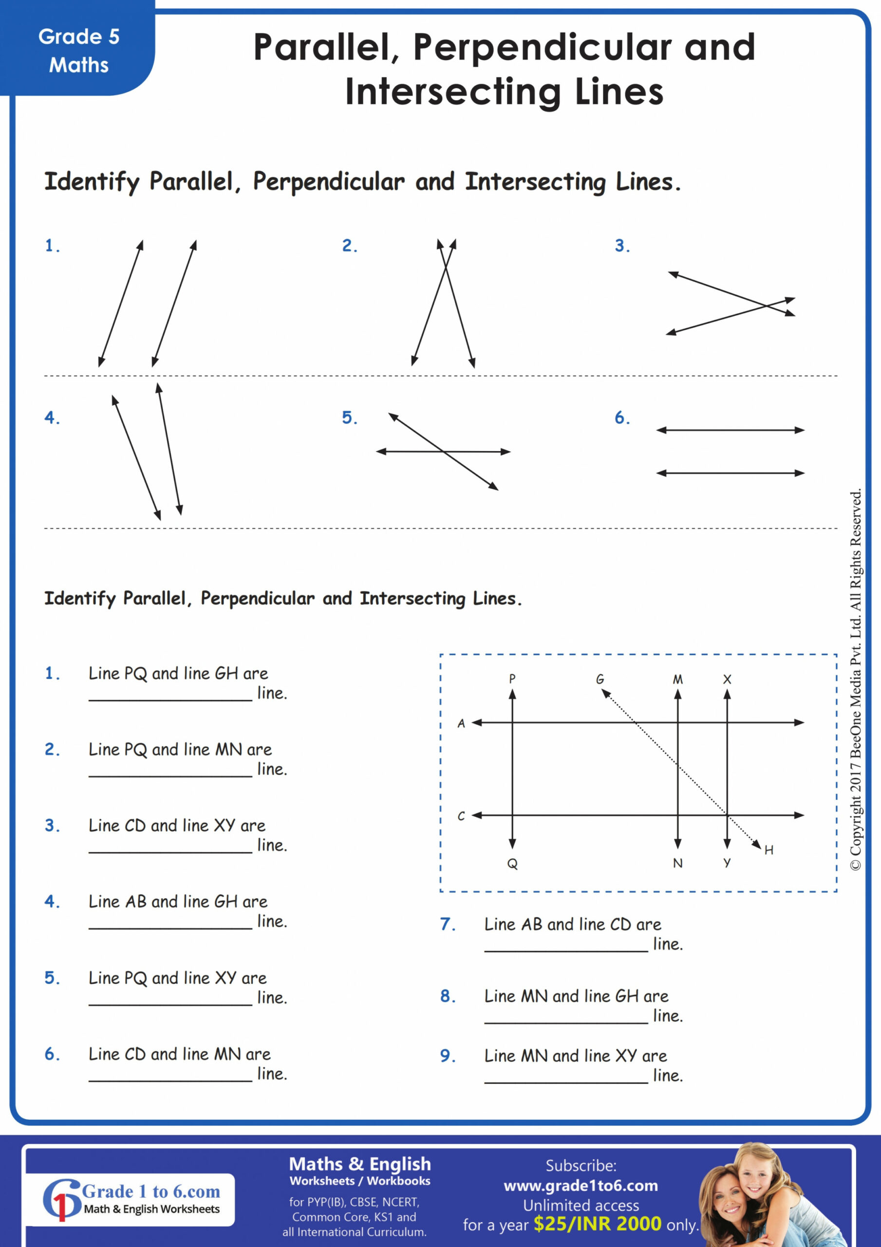 Parallel, Perpendicular & Intersecting lines worksheet