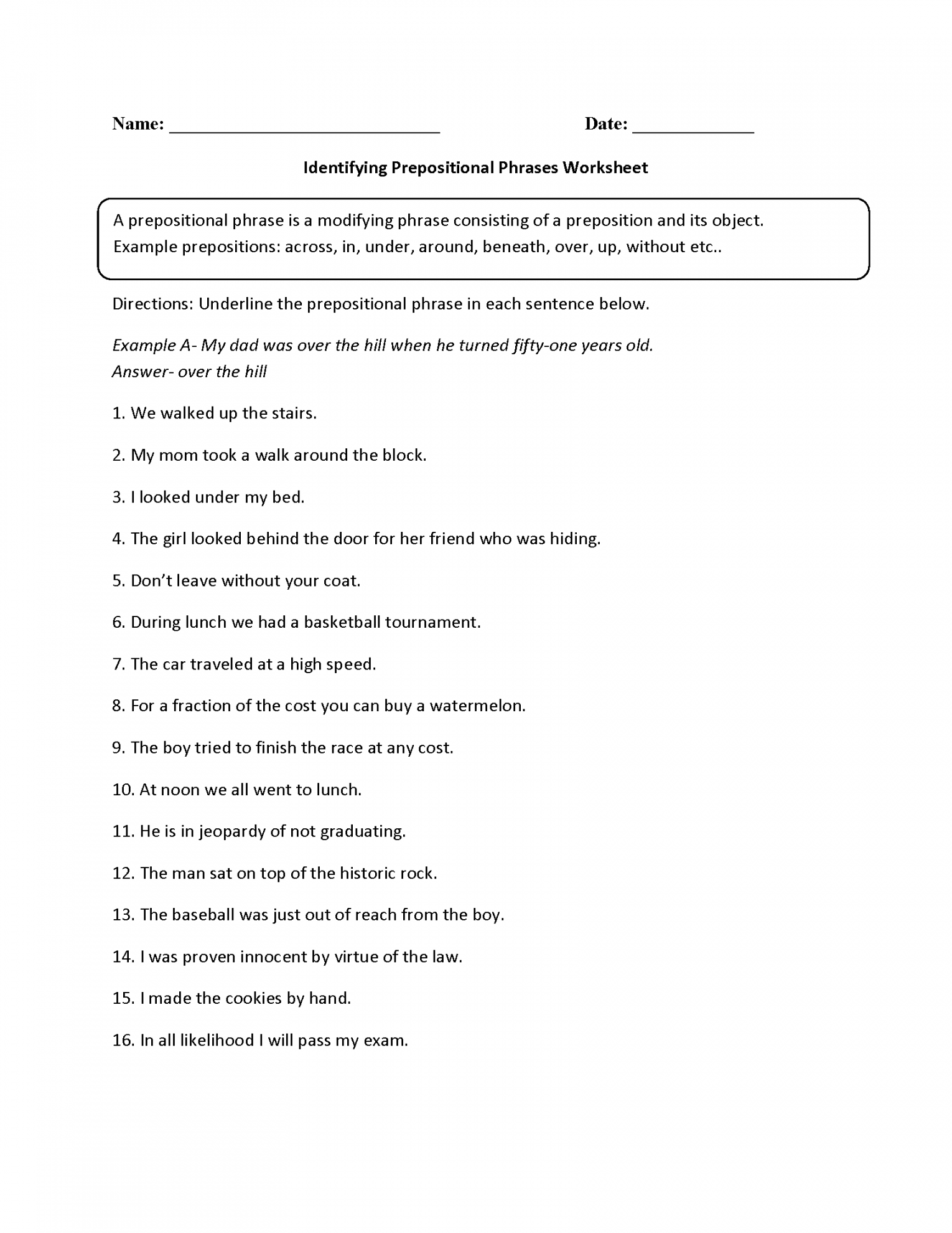 Parts of a Sentence Worksheets  Prepositional Phrase Worksheets