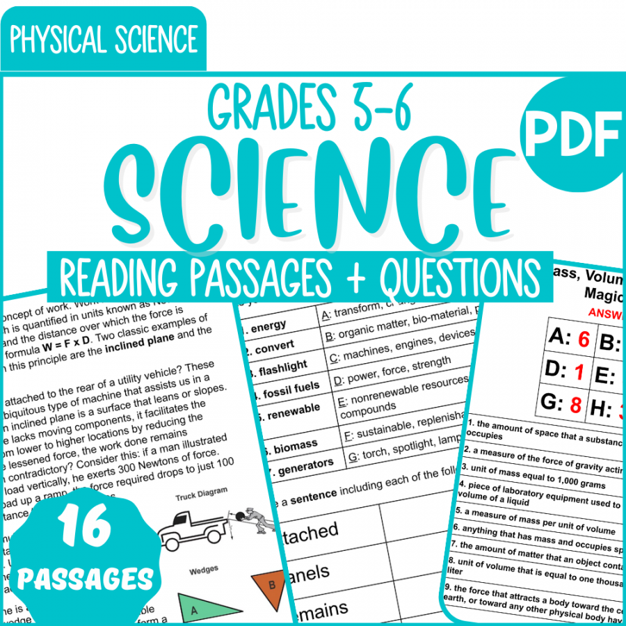 Physical Science Reading Comprehension Passages and Questions Bundle Grade  - PDF