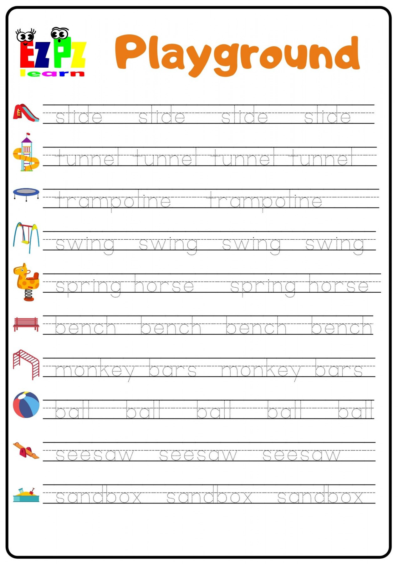 Playground Word Tracing Worksheet - Ezpzlearn