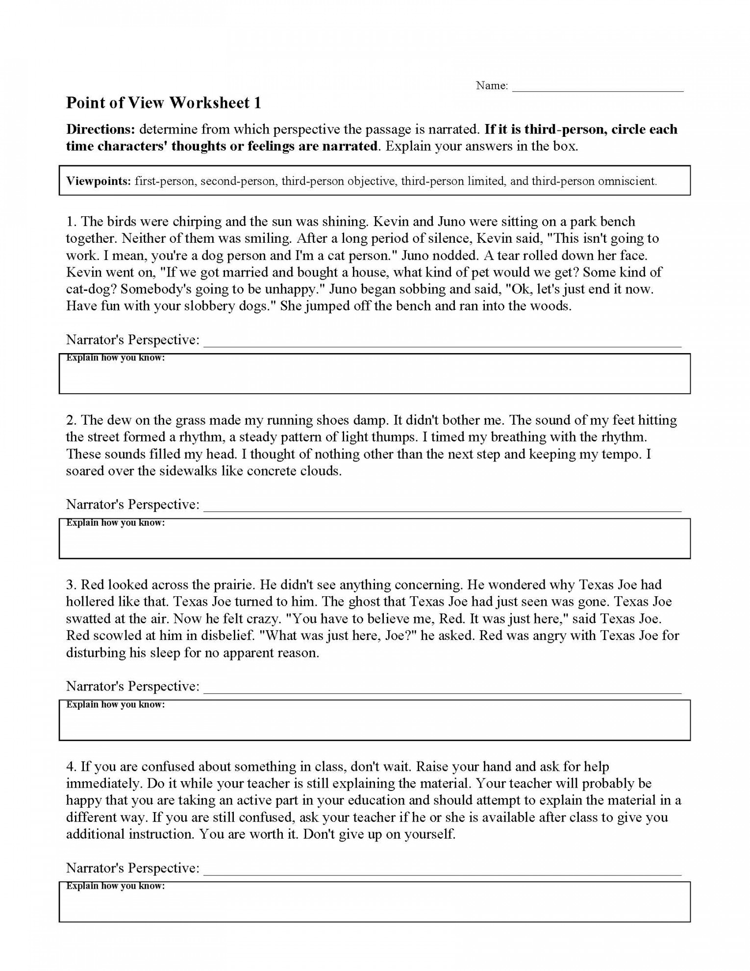 Point of View Worksheet   Reading Activity