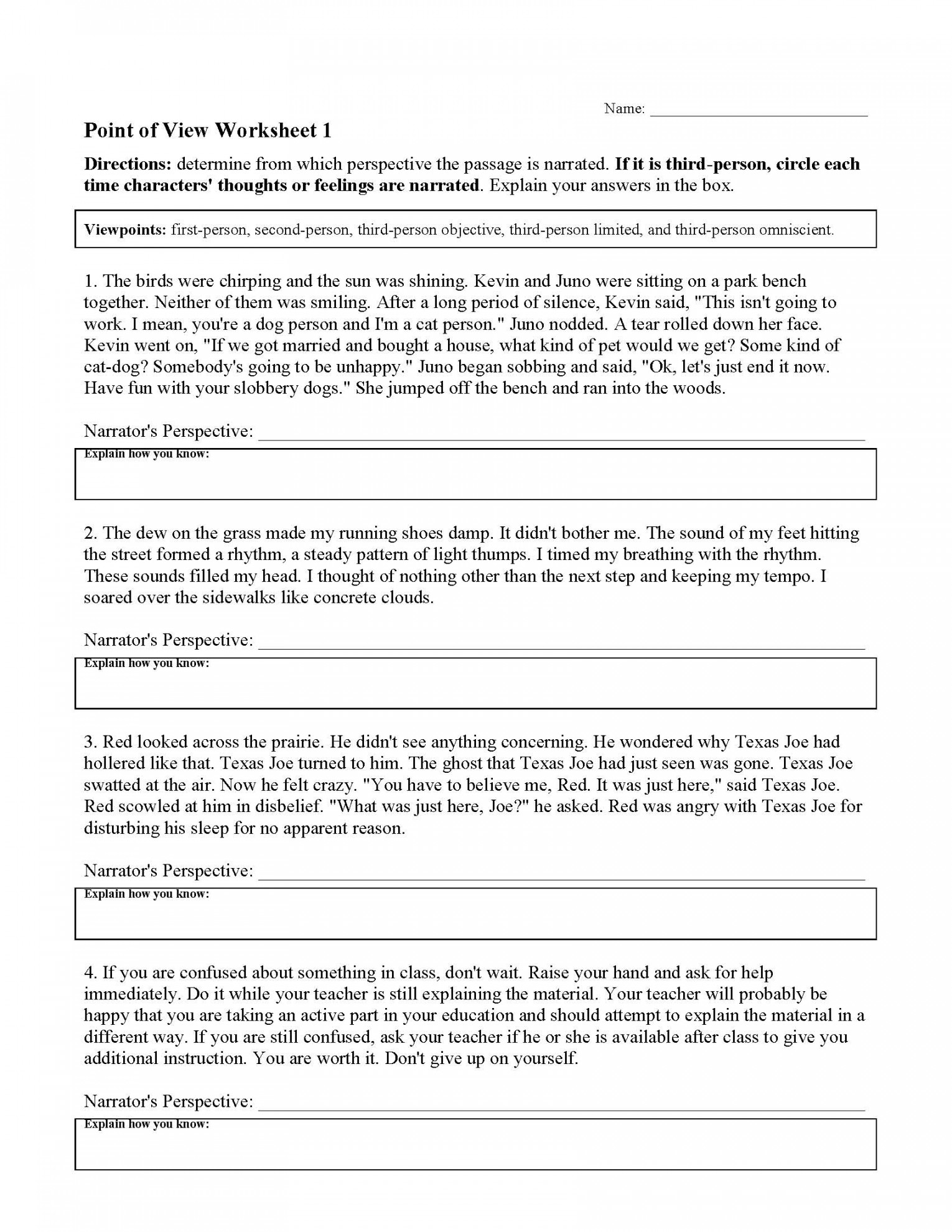 Point of View Worksheets  Reading Activities