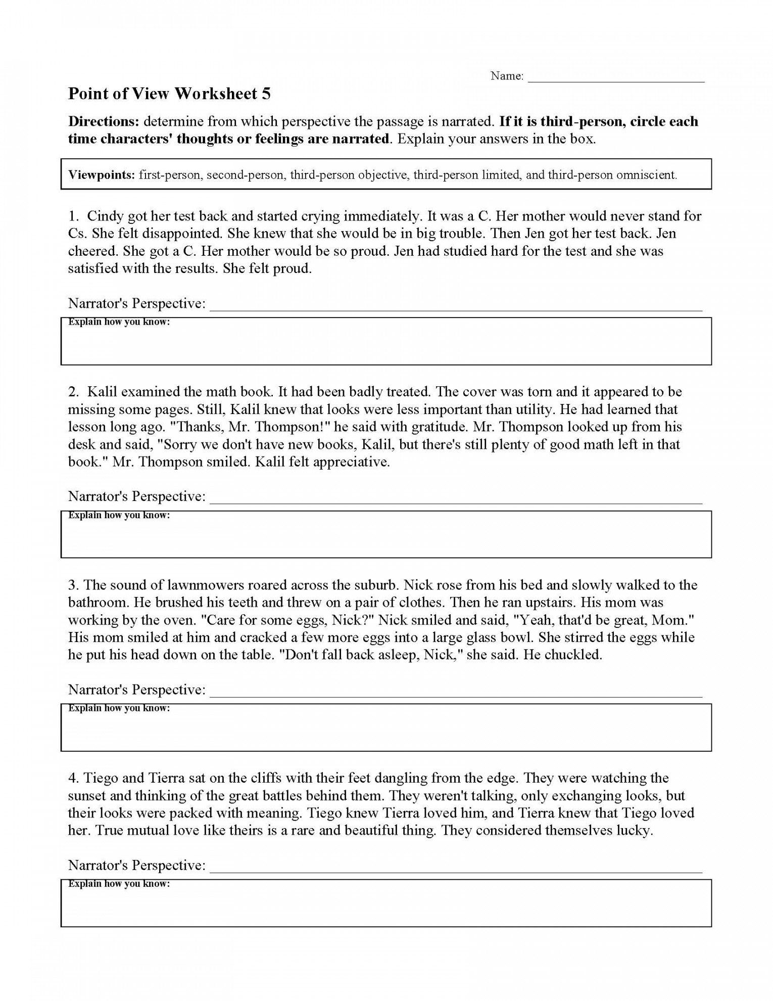 Point of View Worksheets  Reading Activities