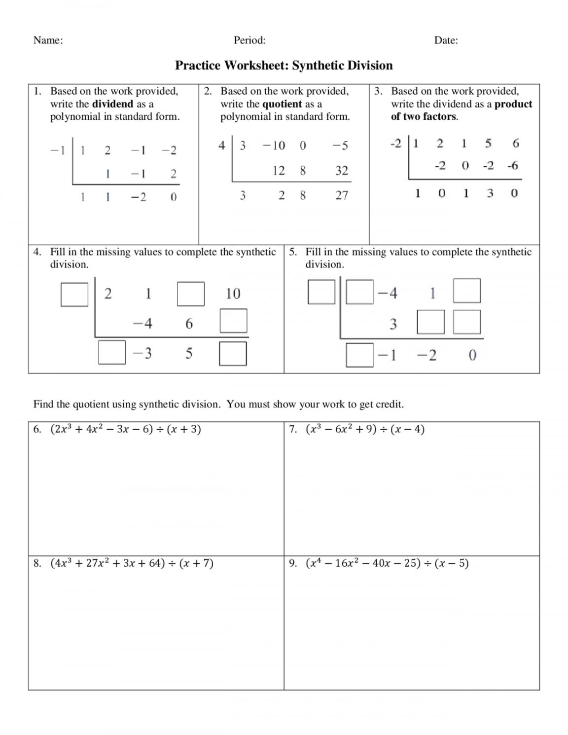 Practice Worksheet Synthetic Division Printable PDF Template