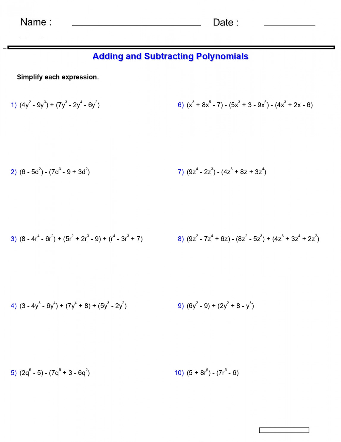 Pre-Algebra - Monomials and Polynomials Worksheets Adding and Subtracting  Polyno