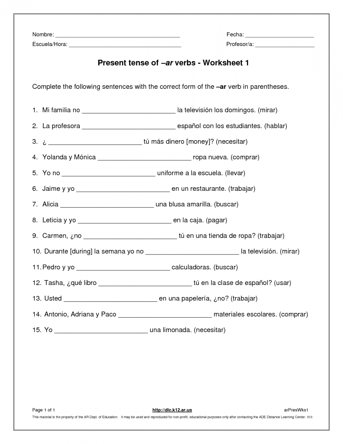 Present Tense Verbs Worksheets  Verb worksheets, Spanish verbs