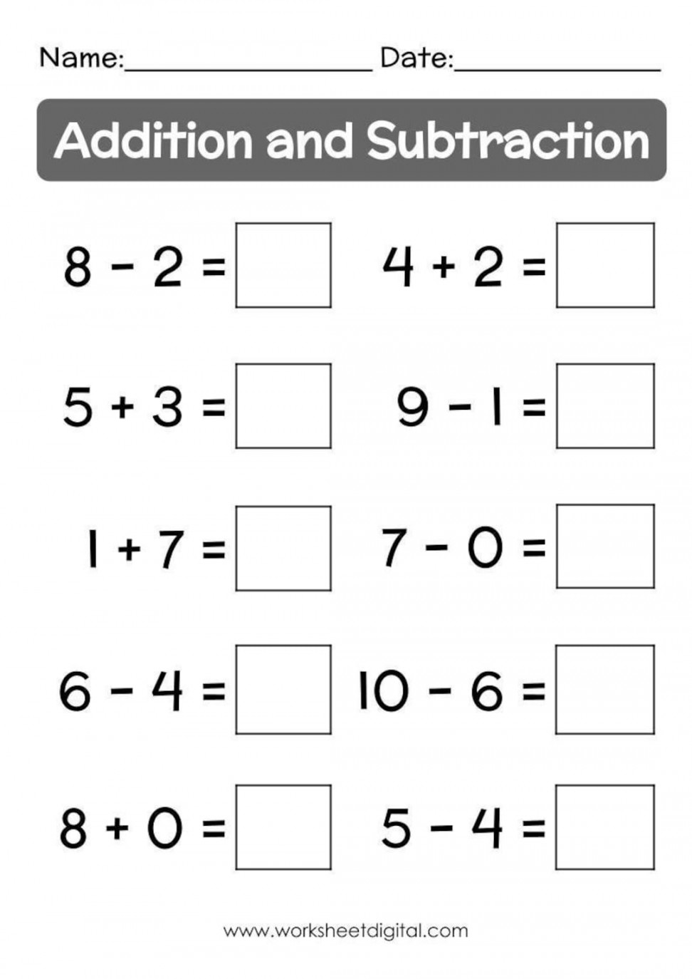 Printable Addition Subtraction up to  Worksheets Printable