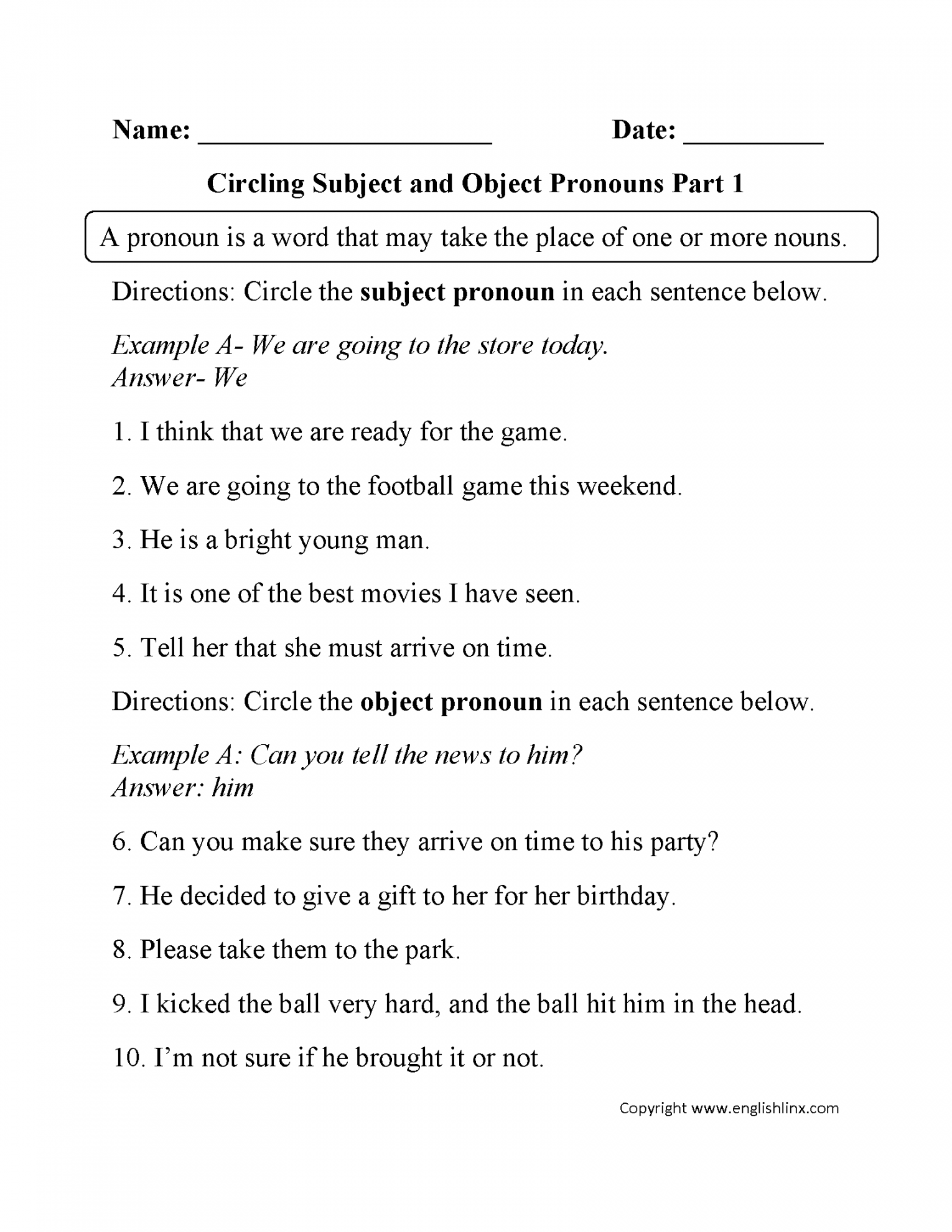 Pronouns Worksheets  Subject and Object Pronouns Worksheets