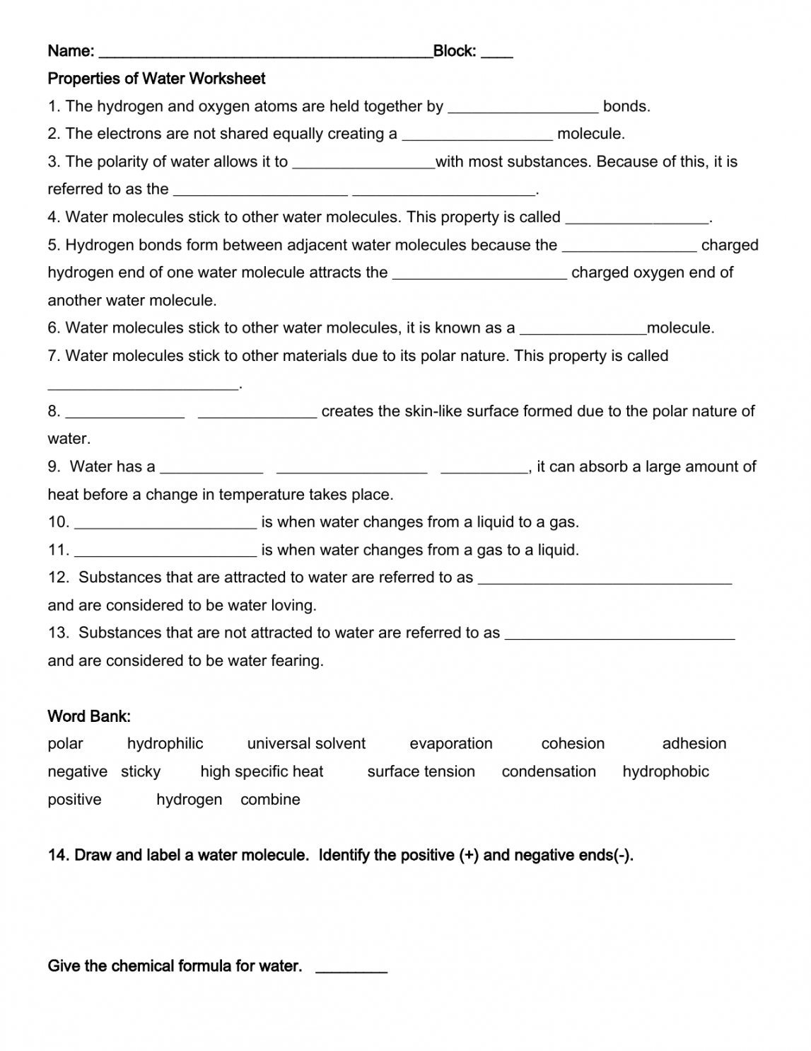 Properties of Water Worksheet  Biology worksheet, Polarity of