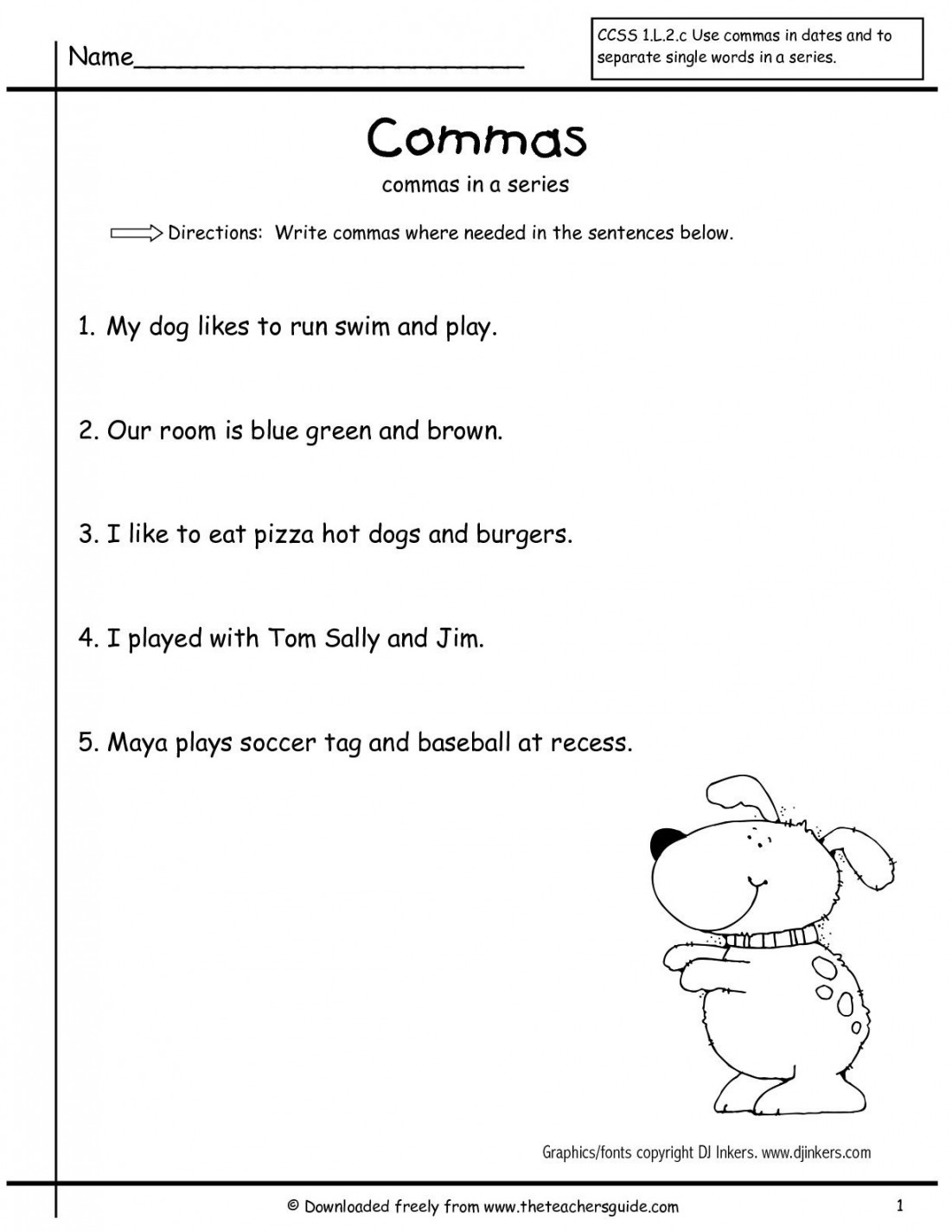 Punctuation worksheets, nd grade worksheets, Commas in a series