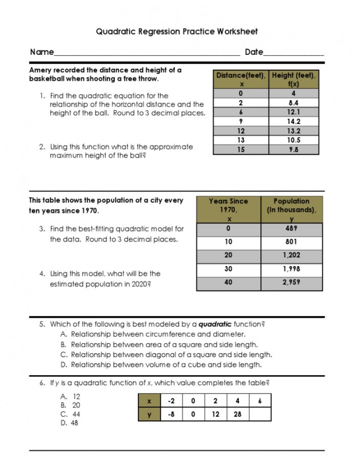 Quadratic Regression Practice Worksheet Name - Date  PDF