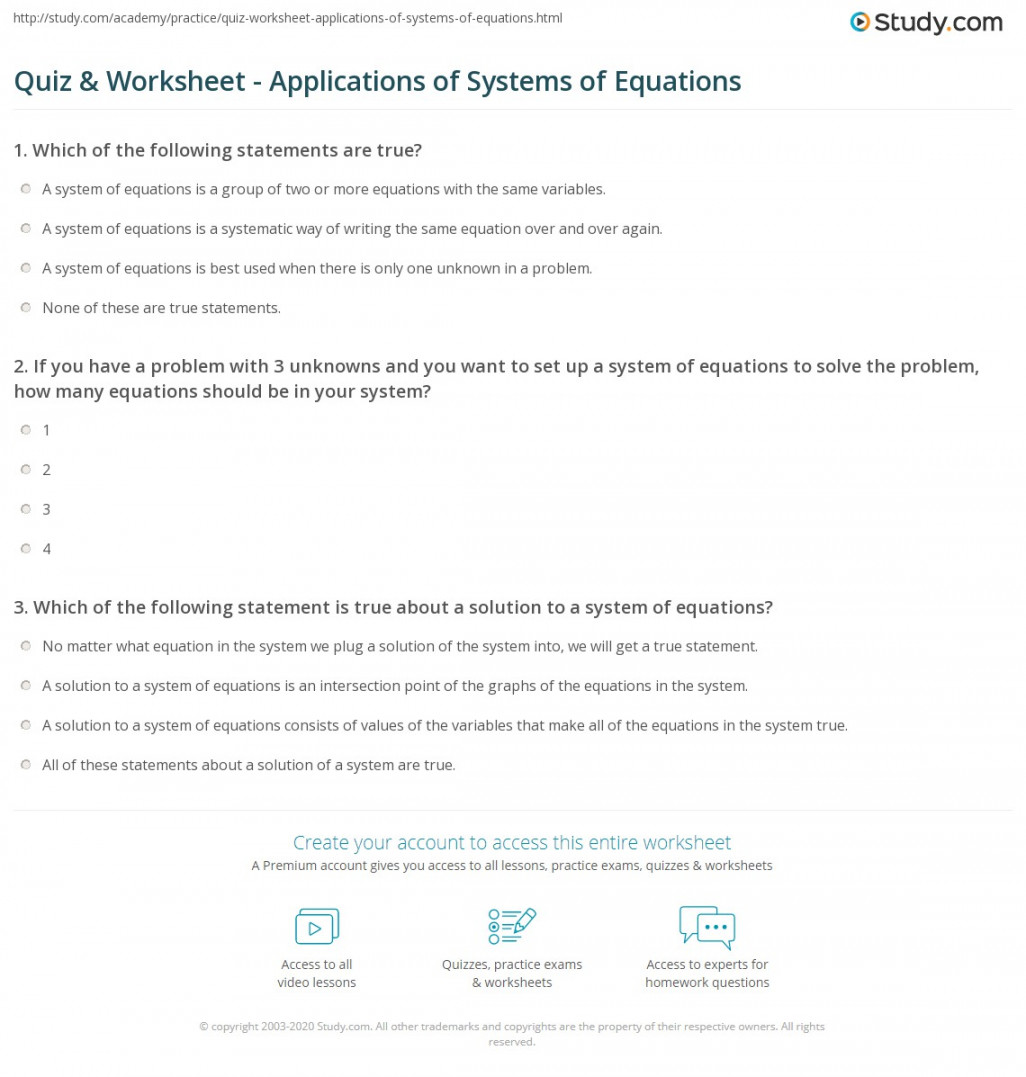 Quiz & Worksheet - Applications of Systems of Equations  Study