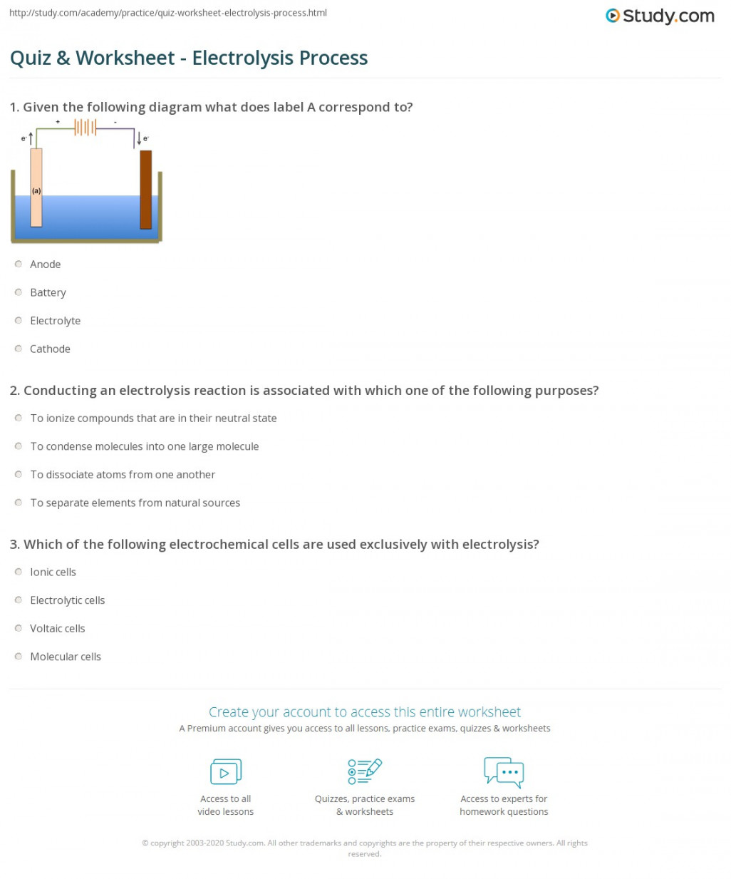 Quiz & Worksheet - Electrolysis Process  Study