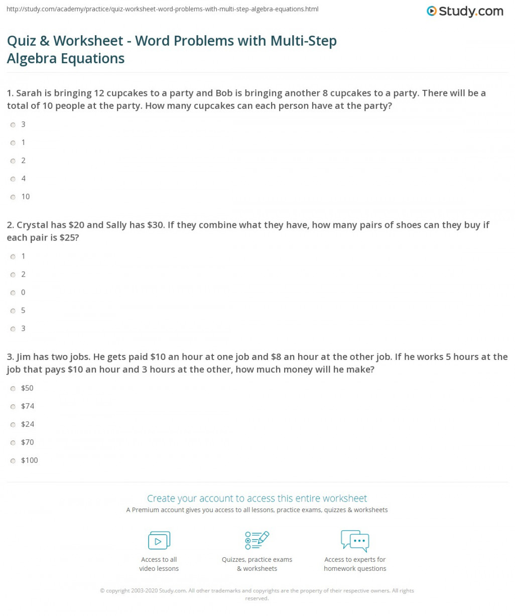 Quiz & Worksheet - Word Problems with Multi-Step Algebra Equations