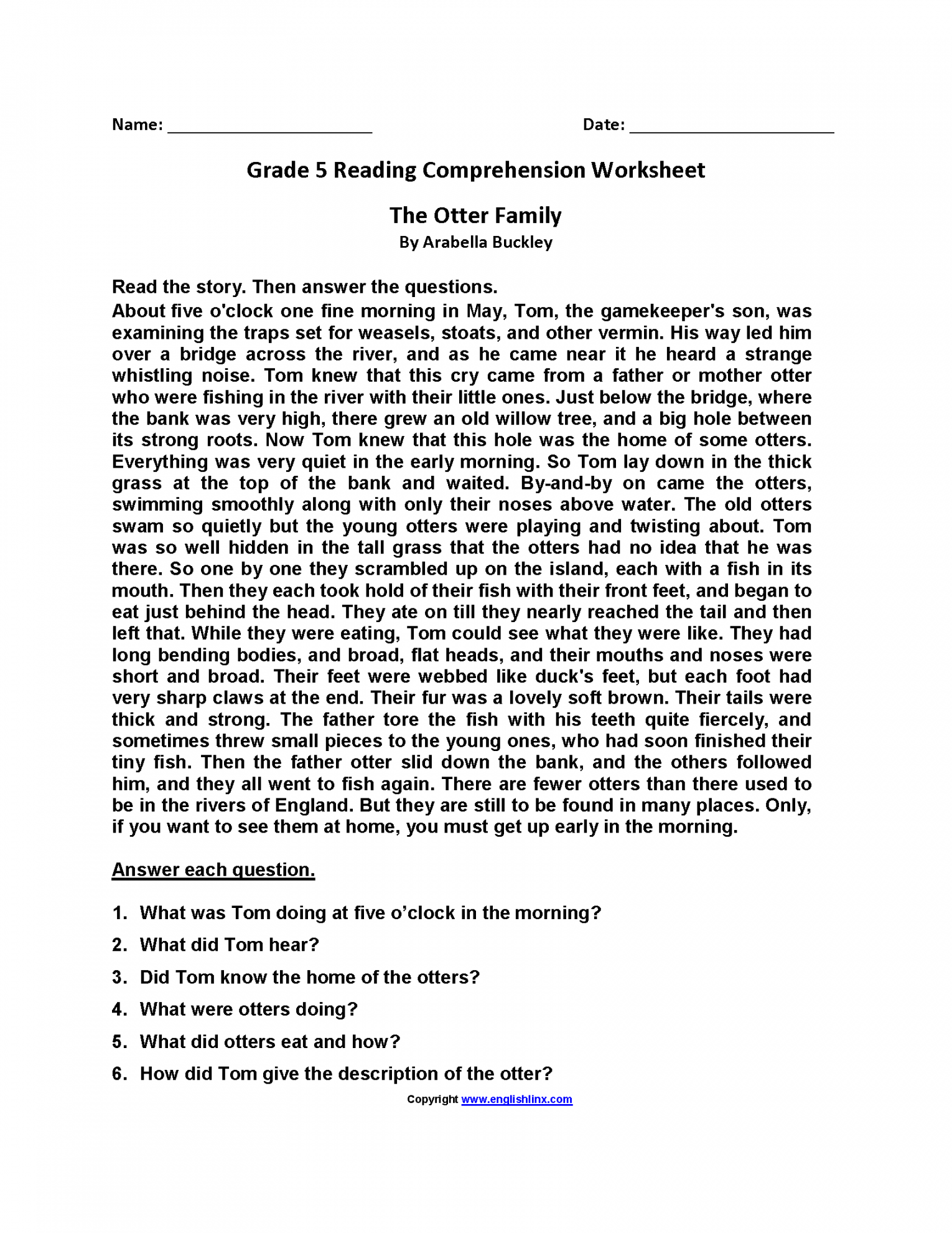 Reading Worksheets  Fifth Grade Reading Worksheets  Reading