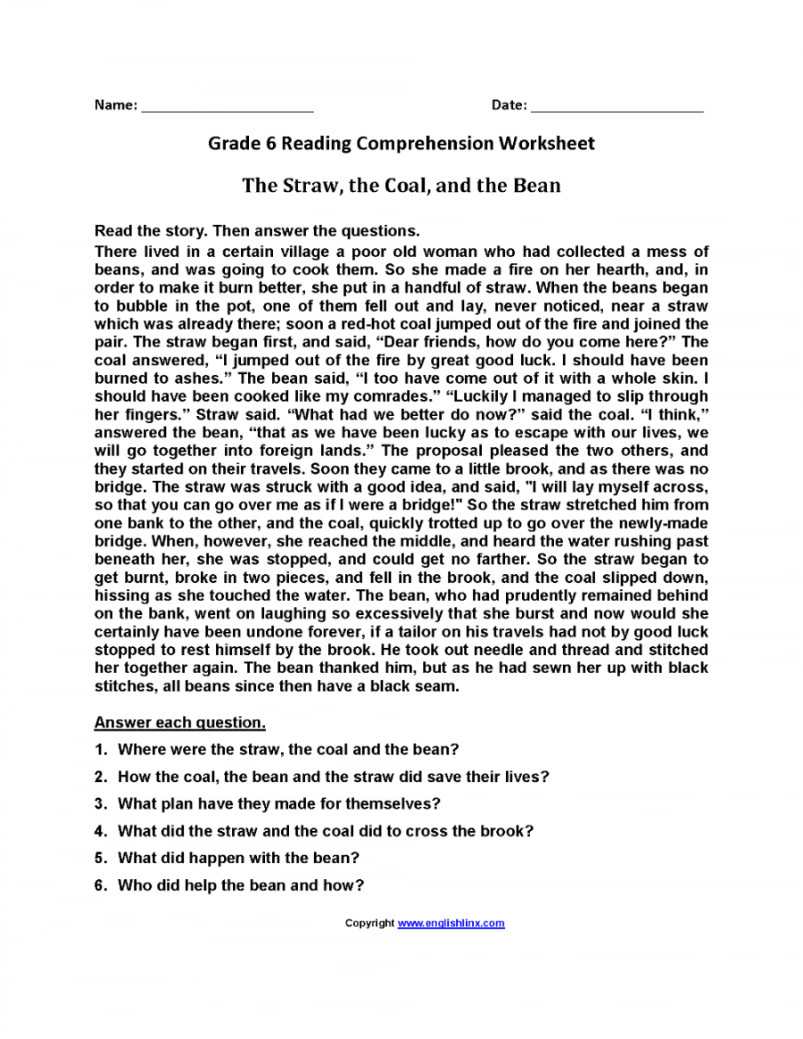 Reading Worksheets  Sixth Grade Reading Worksheets  Reading