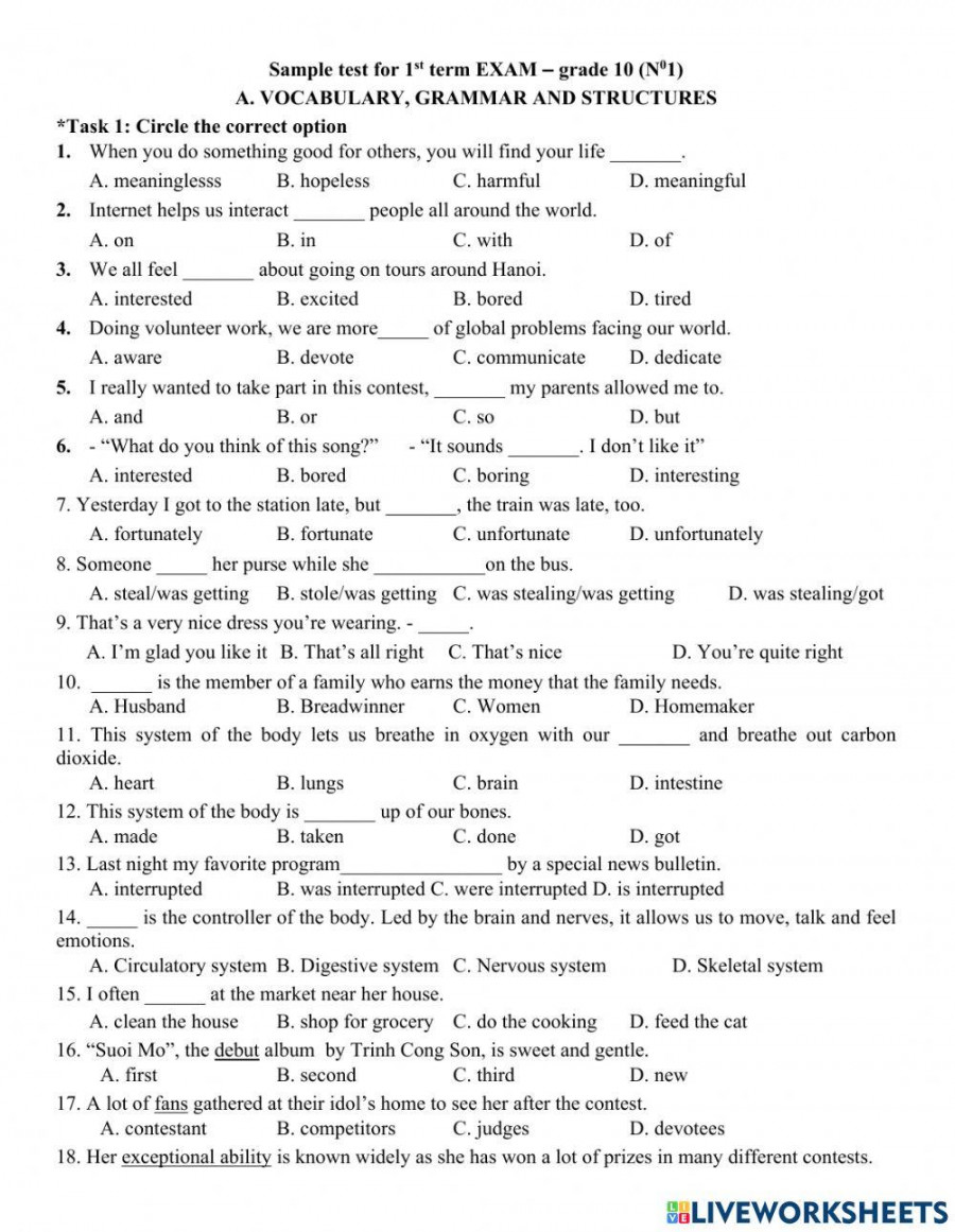 Sample test for st term EXAM – grade 0 (N0) worksheet  Live