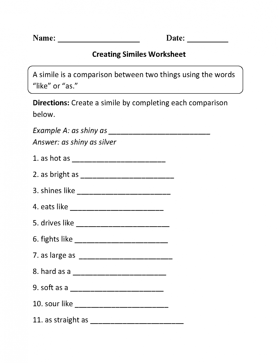 Similes Worksheets  Simile worksheet, Similes and metaphors, Simile