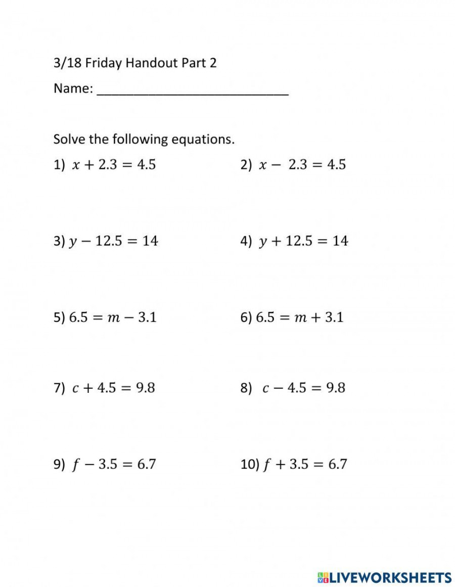 Simple Linear Equations Worksheet